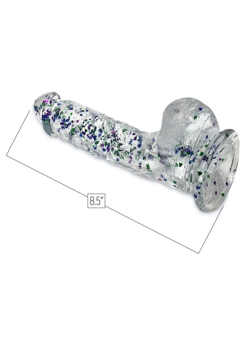 Glittergasm Realistic Clear Dildo with Balls and Suction Cup - Blue/Purple/Violet Glitter - Image 3