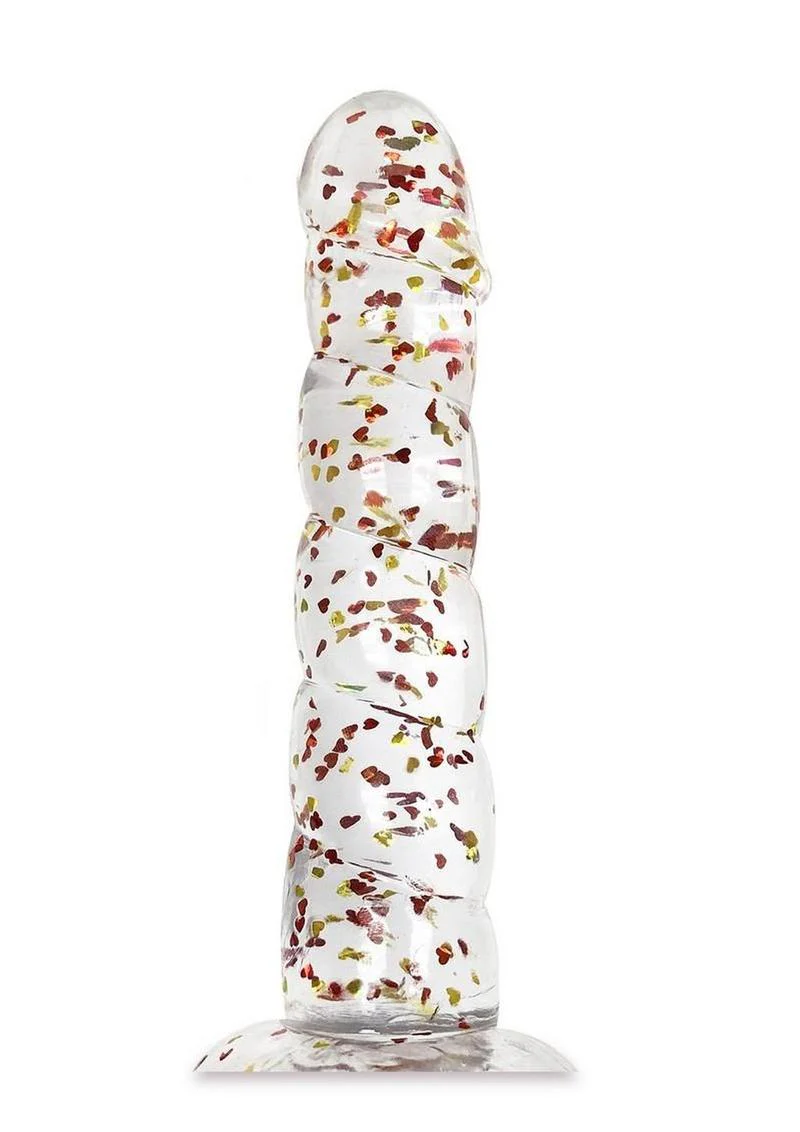Glittergasm Swirl Clear Dildo with Suction Cup - Orange/Red/Golden Glitter