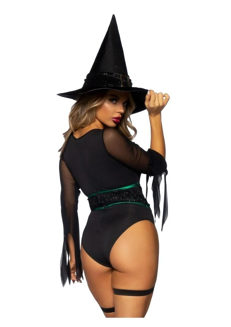 Leg Avenue Broomstick Babe Bodysuit with Lace Up Deep-V and Waist Cincher Buckle Accent, Attached Garters, and Witch Hat - Image 2