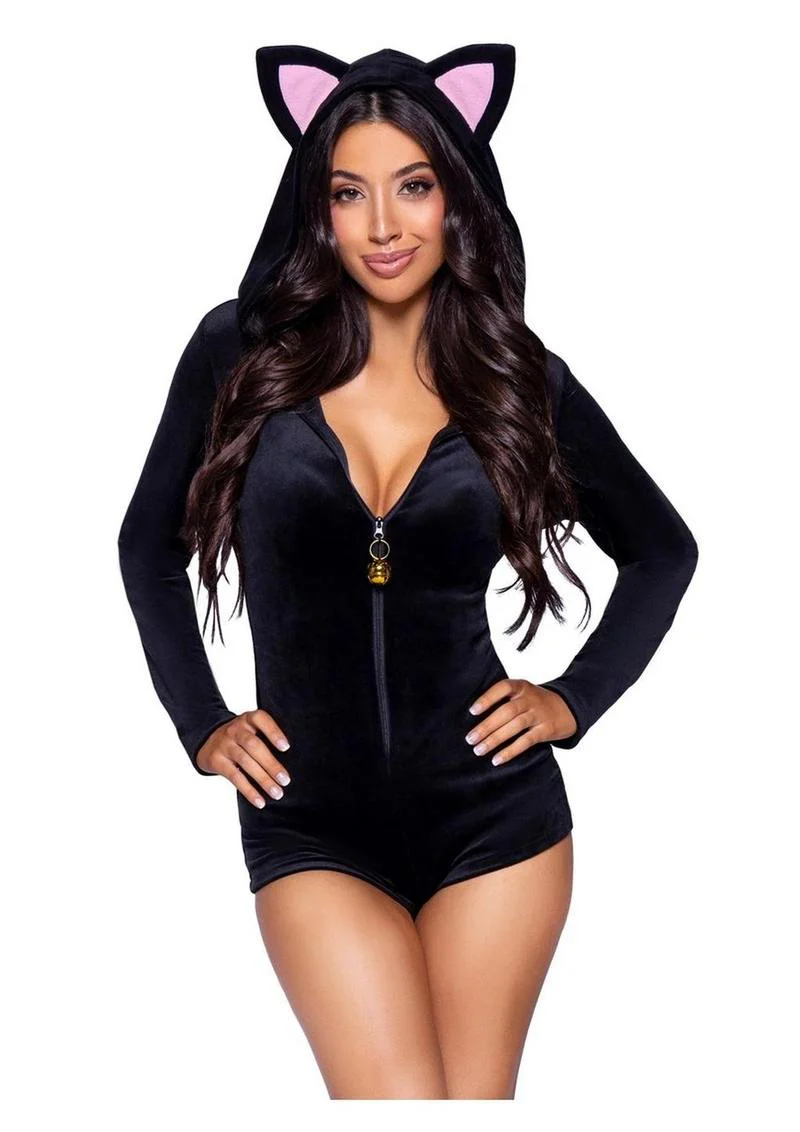 Leg Avenue Comfy Cat Ultra-Soft Velvet Plush Zip Up Romper with Bell Zipper Pull, Ear Hood, and Kitty Tail - Image 3
