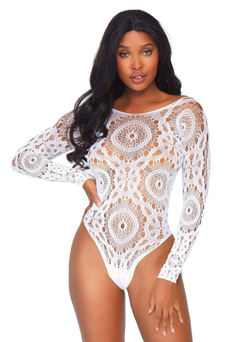 Leg Avenue Crochet Lace Long Sleeved Snap Crotch Thong Back Bodysuit - Image 5