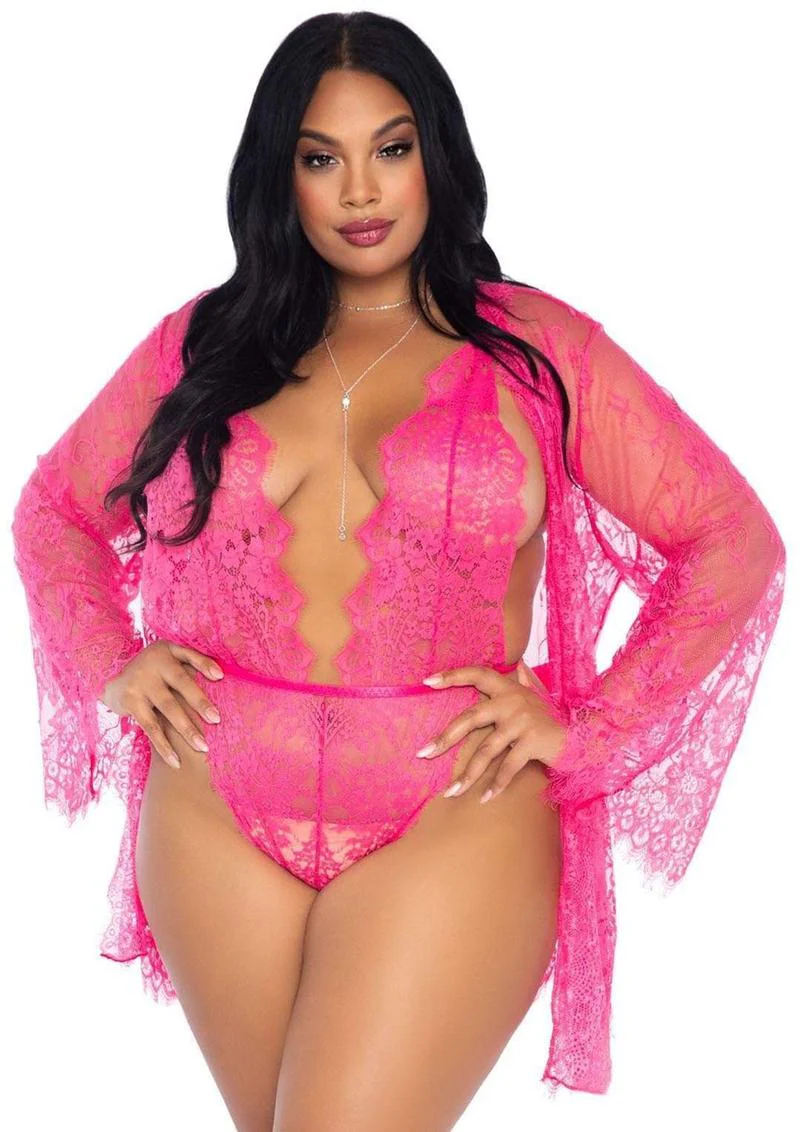 Leg Avenue Floral Lace Teddy with Adjustable Straps and Cheeky Thong Back, Matching Lace Robe with Scalloped Trim and Satin Tie - Image 3