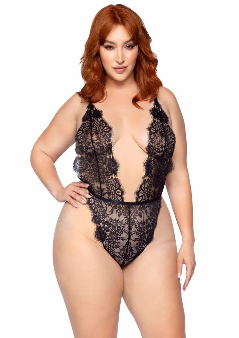 Leg Avenue Floral Lace Teddy with Adjustable Straps and Cheeky Thong Back, Matching Lace Robe with Scalloped Trim and Satin Tie - Image 5