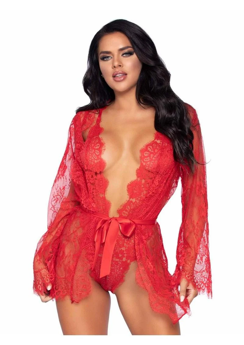 Leg Avenue Floral Lace Teddy with Adjustable Straps and Cheeky Thong Back Matching Lace Robe with Scalloped Trim and Satin Tie - Image 4