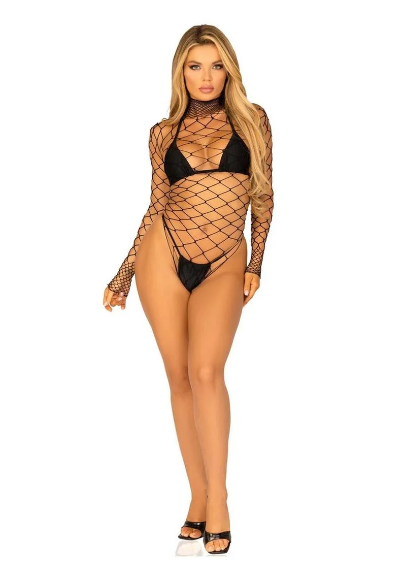 Leg Avenue High Neck Fence Net Long Sleeved Bodysuit with Snap Crotch Thong Panty - Image 4