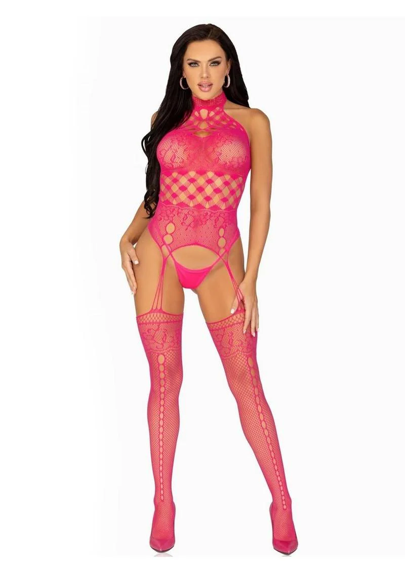 Leg Avenue High Neck Halter Hardcore Net and Lace Suspender Bodystocking - Image 2