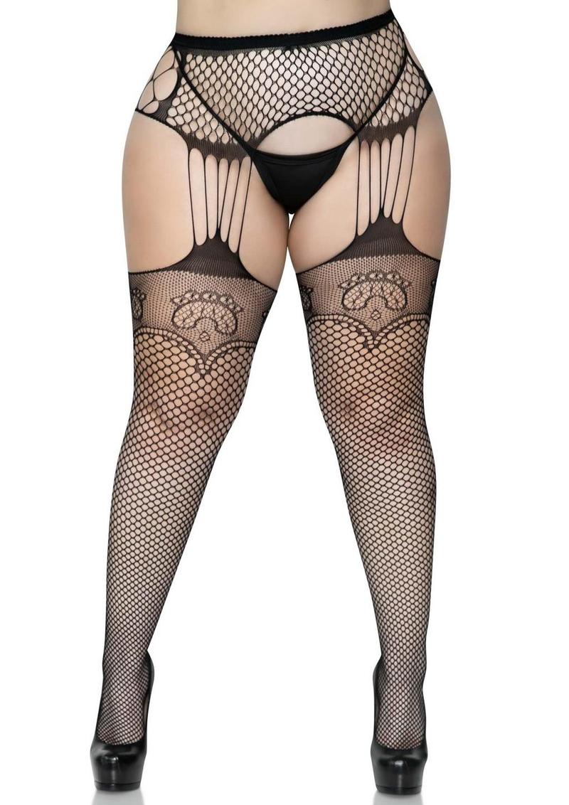 Leg Avenue Industrual Net Stocking with Dutchess Lace Top and Attached Multi-Strand Garter Belt - Image 2