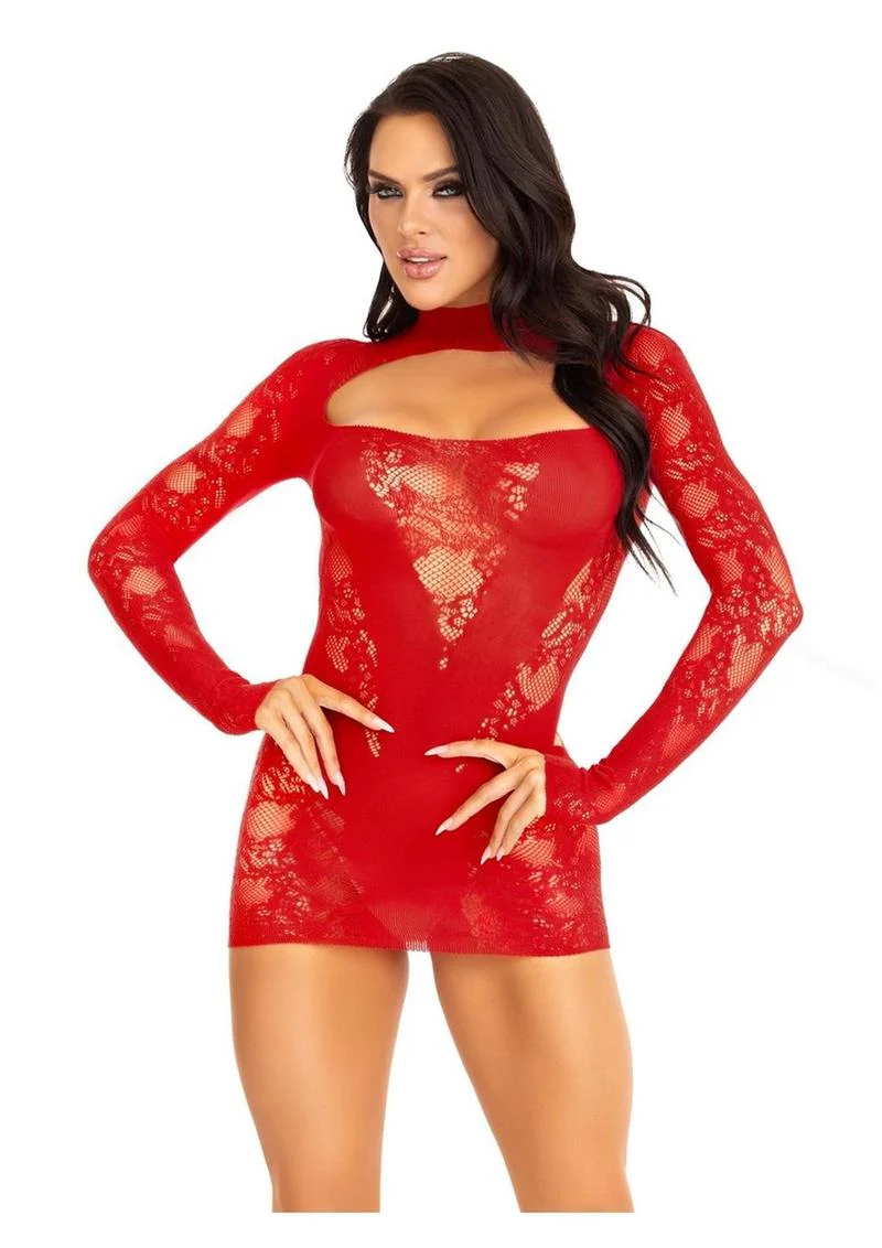 Leg Avenue Lace Keyhole Mini Dress with Opaque Panel Detailing and Gloved Sleeves - Image 2