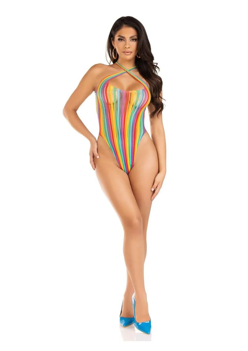 Leg Avenue Rainbow Stripe Cross-Over Halter Bodysuit - Image 3