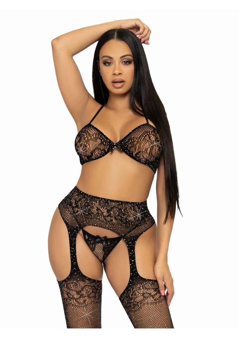 Leg Avenue Rhinestone Lace Bra Top, G-String, and Fishnet Garter Belt Stocking - Image 4