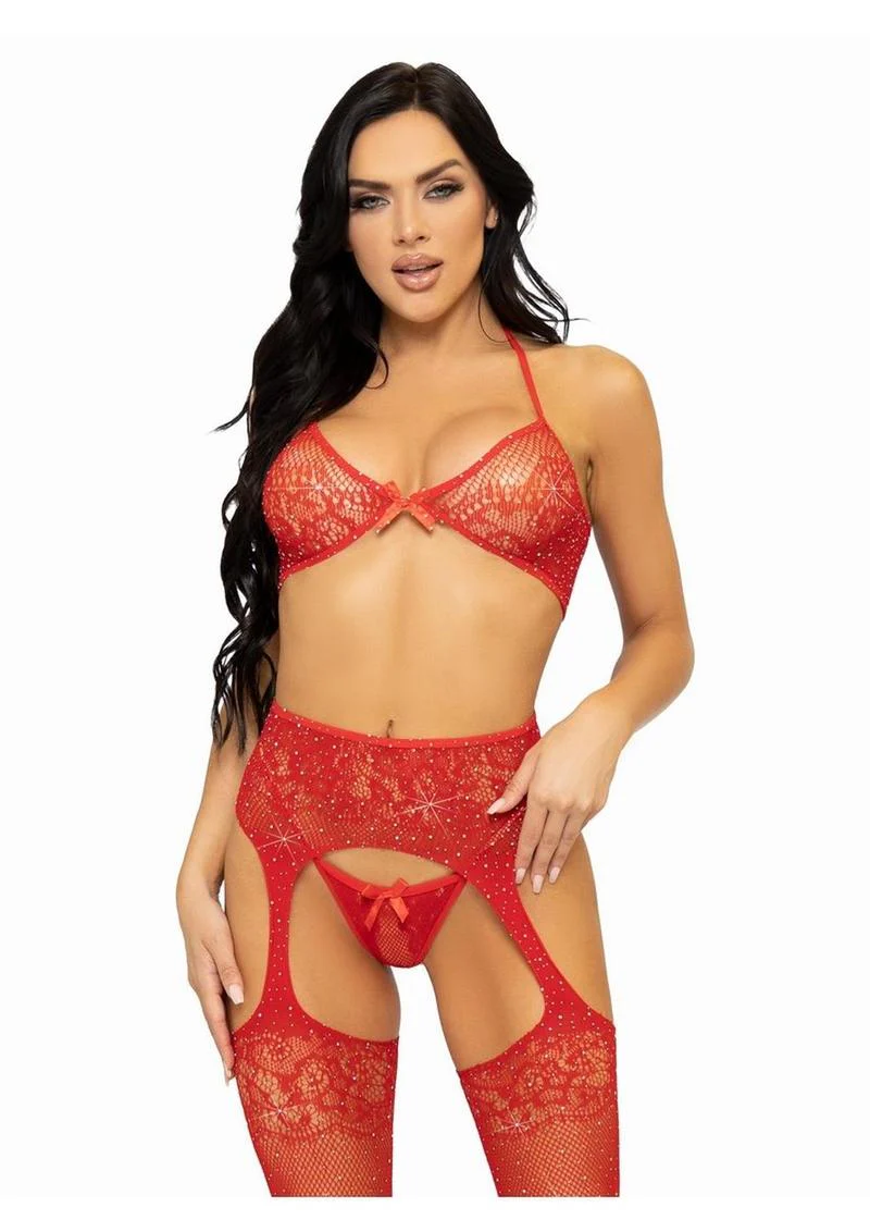 Leg Avenue Rhinestone Lace Bra Top, G-String, and Fishnet Garter Belt Stocking - Image 7