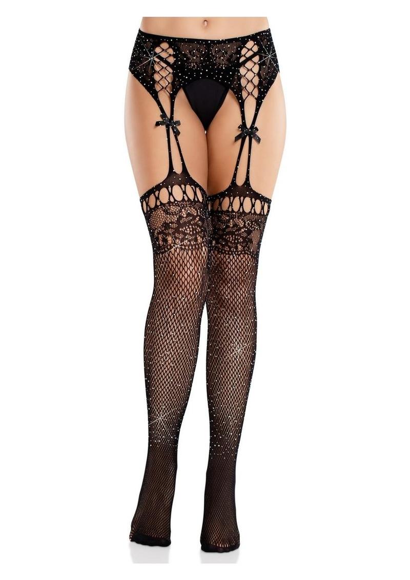 Leg Avenue Rhinestone Lace Top Fishnet Stockings with Attached Garter Belt - Image 3