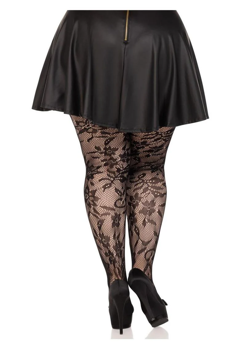 Leg Avenue Seamless Chantilly Floral Lace Tights - 1x-2x - Image 2
