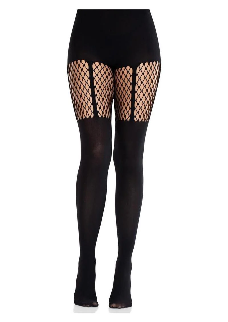 Leg Avenue Seamless Opaque Garter Illusion Tights with Net Thigh Detail - Image 4