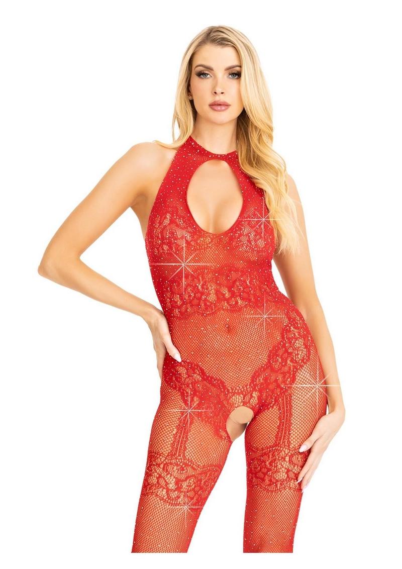 Leg Avenue Seamless Rhinestone Fishnet Bodystocking with Keyhole and Lace Lingerie Detail - Image 2