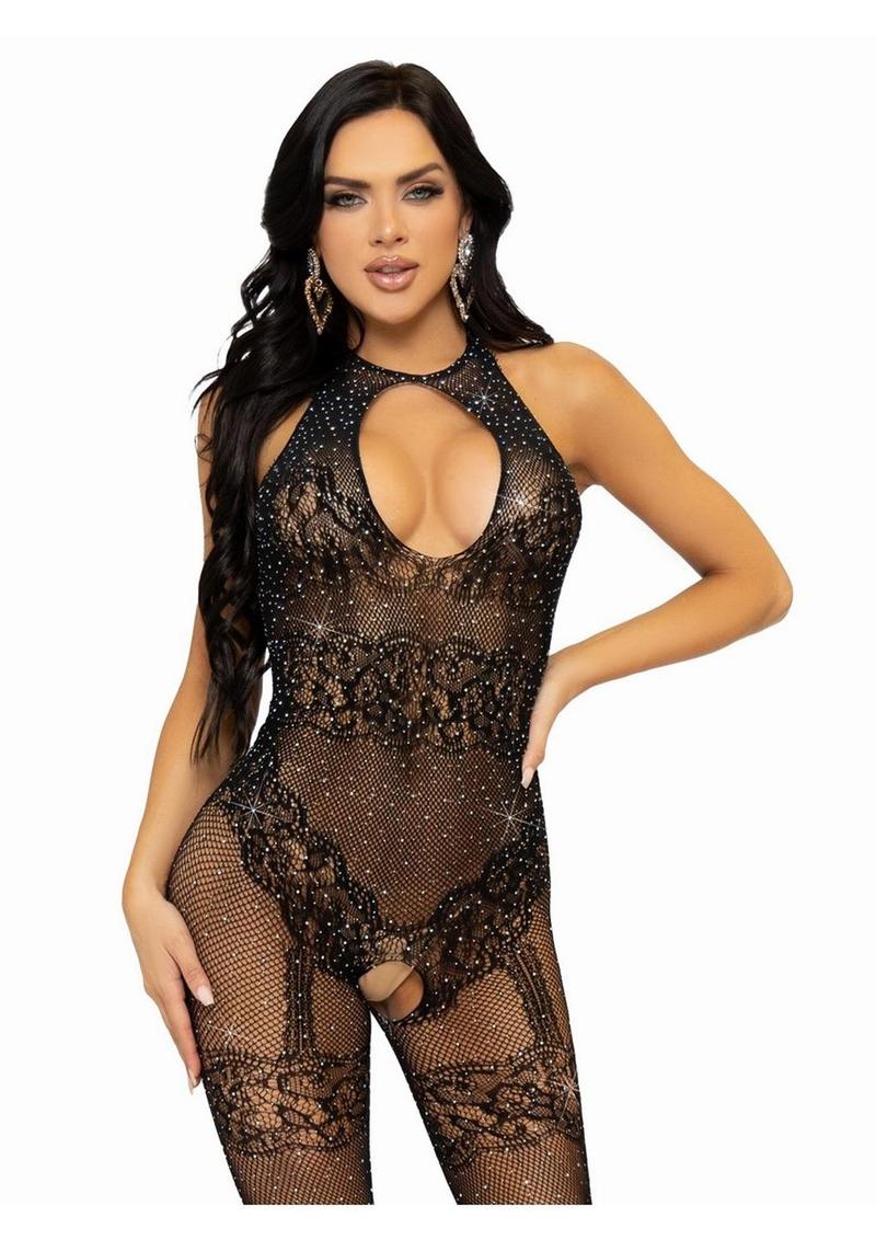 Leg Avenue Seamless Rhinestone Fishnet Bodystocking with Keyhole and Lace Lingerie Detail - Image 3