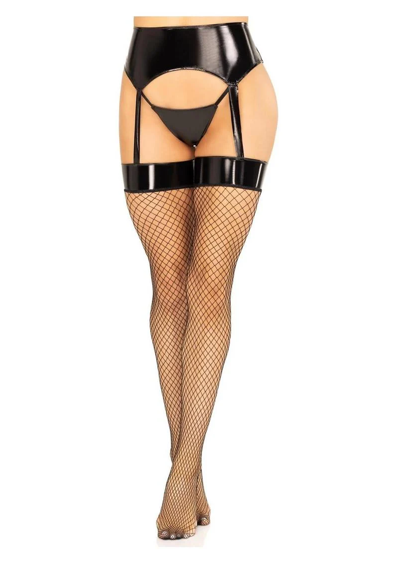 Leg Avenue Vinyl Garter Belt with Attached Fishnet Stockings and Matching G-String Panties - Image 4