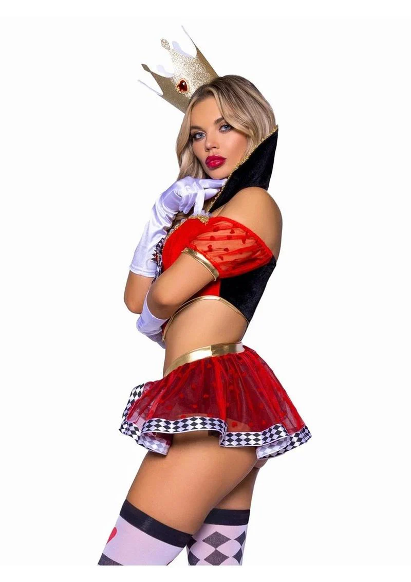 Leg Avenue Wicked Wonderland Queen Tow-Tone Boned Crop Top with Stay Up Collar and Broach Accent, Garter Panty with Peplum Skirt, and Crown Headband - Image 7