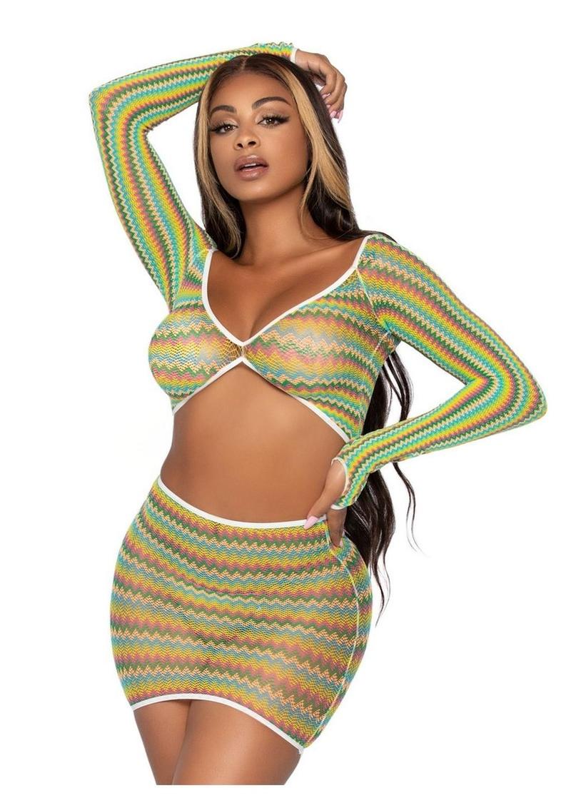 Leg Avenue Zig Zag Net Gauntlet Sleeve Crop Top and Mini Skirt - Image 4