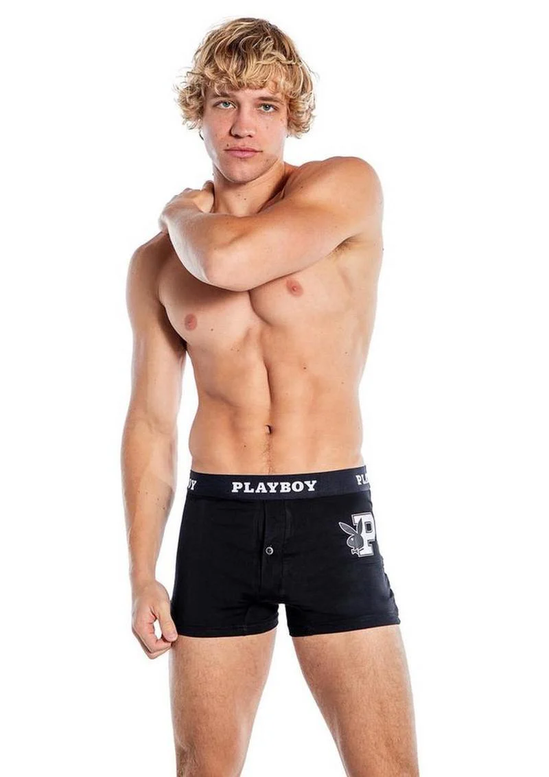 Playboy Mens Varsity Boxer Briefs - Black/White - 1xlarge