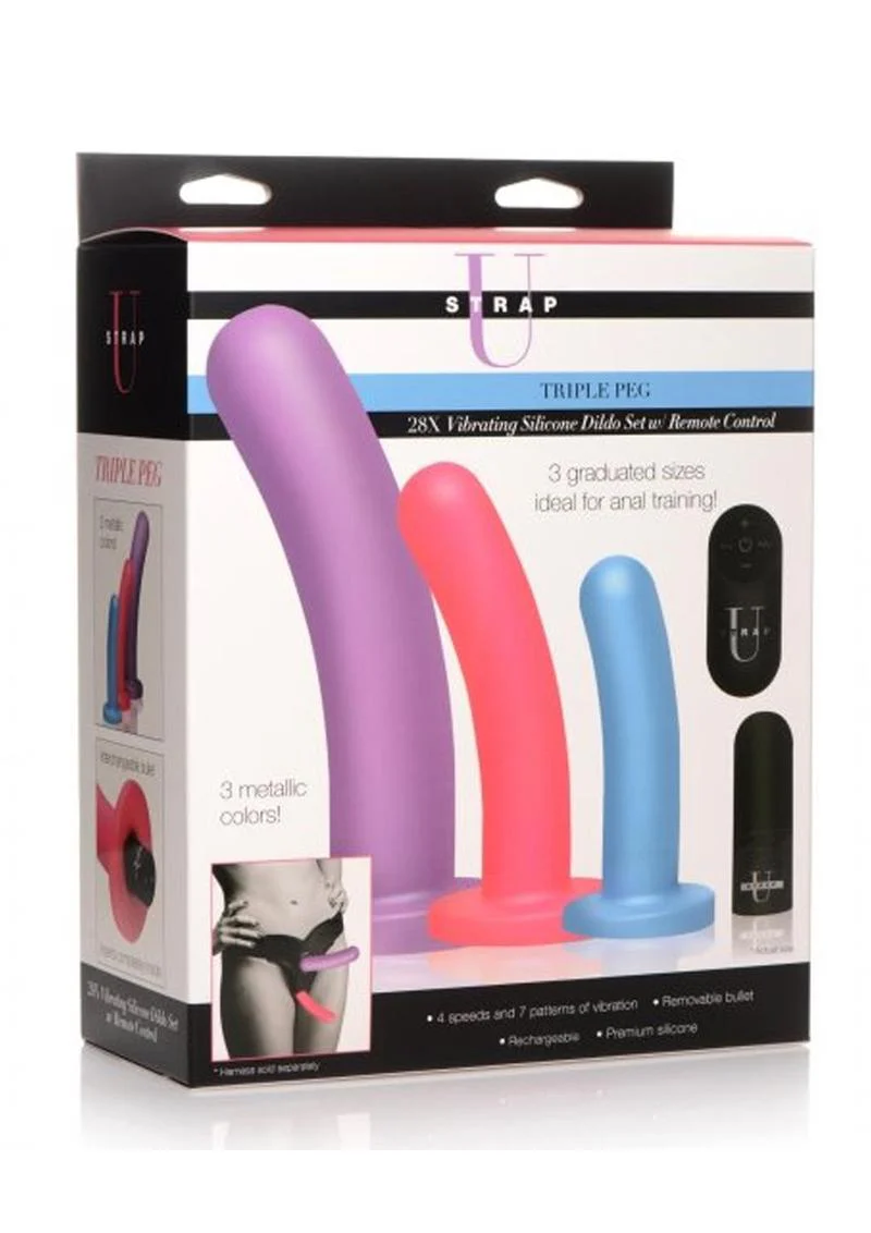 Strap U Triple Peg 28x Vibrating Rechargeable Silicone Dildo Set with Remote Control - Image 3